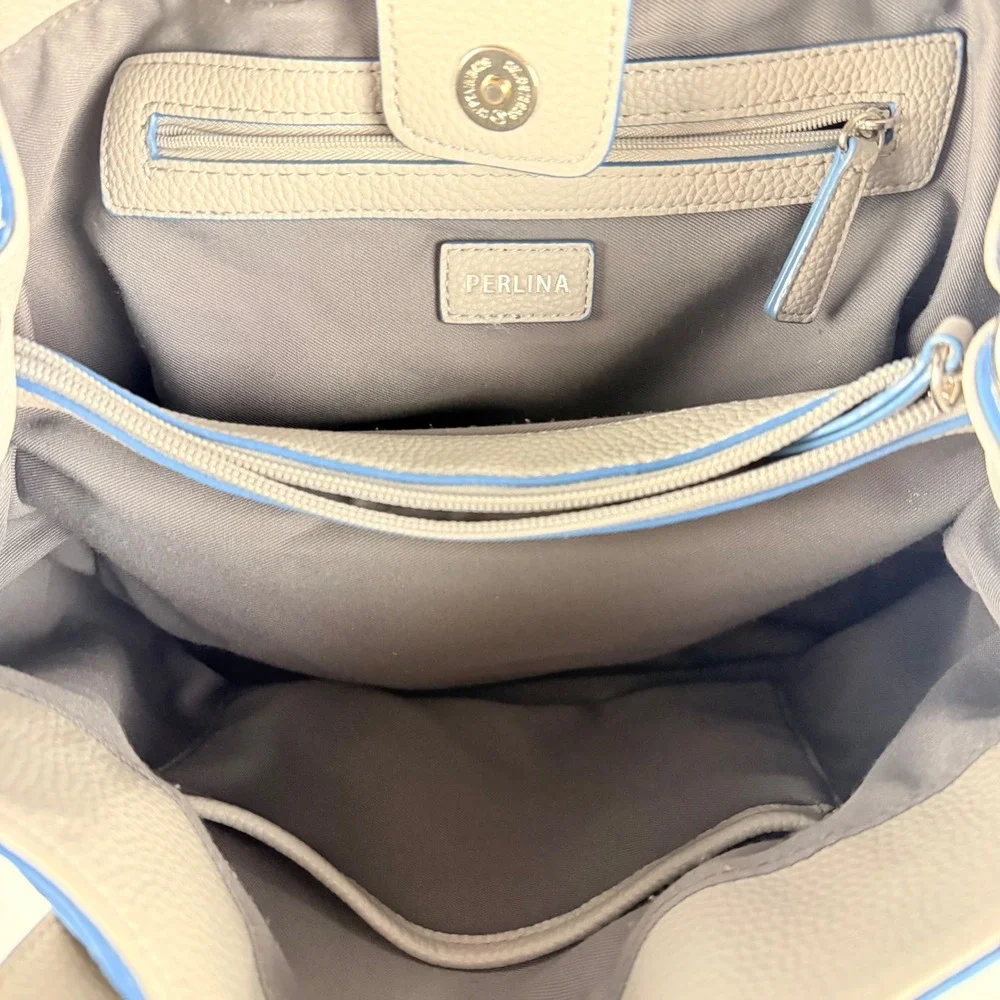 Perlina Gray Leather Satchel Shoulder Bag Blue‎ Trim Y2K
